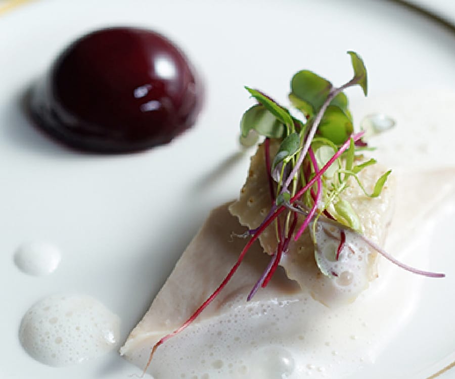 Salade d’ aileron de poulet dÔme  de mousse
foie gras au Porto
鶏手羽とフォアグラムースのドーム
ポルト酒風味 サラダ仕立て
