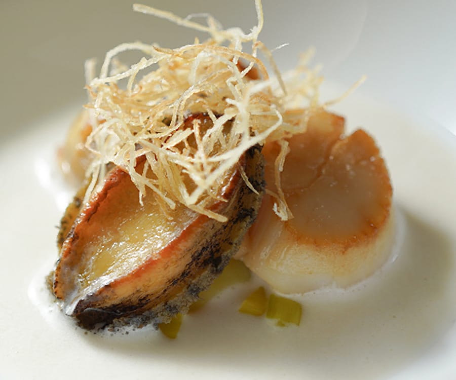 Potage de poireau,
garni d oreille de mer et Saint-Jacques,
“Tsubugai”
ポワロ―のポタージュ 鮑と
ホタテ貝とツブ貝添え